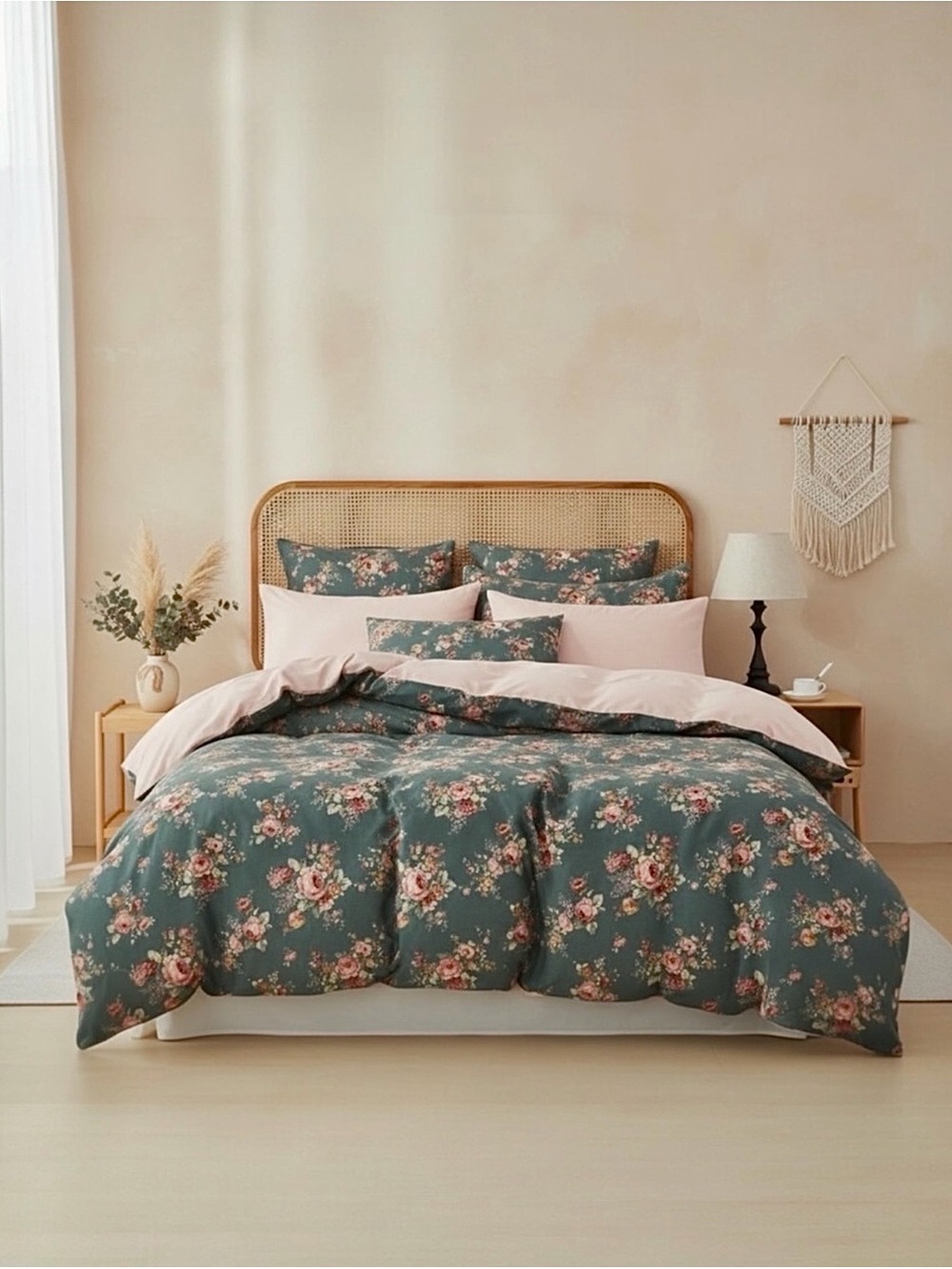 NEW Anthropologie Green & Pink Floral Cotton Boho Queen / King Bedding Duvet Set